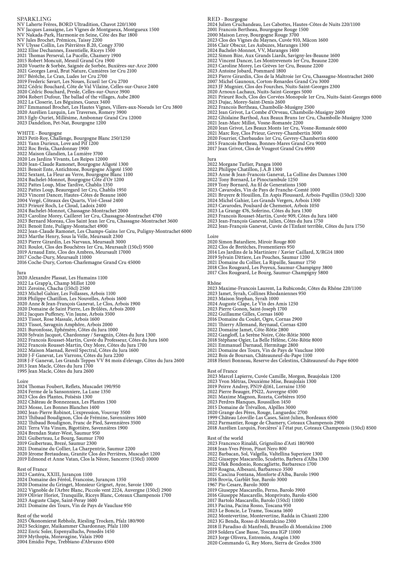 Bord — wine list