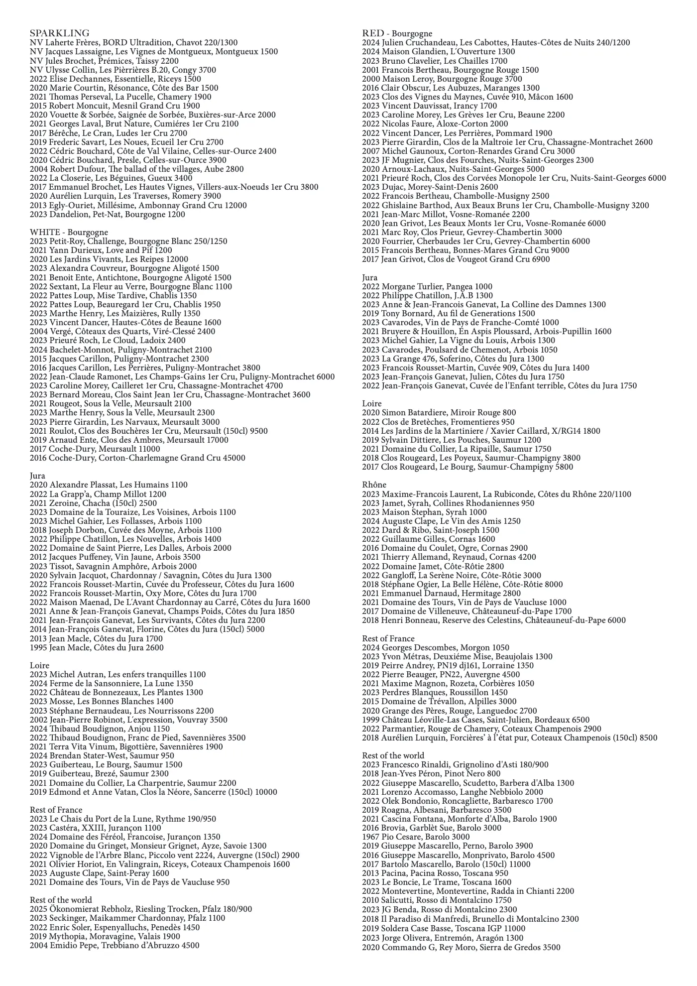 Bord — wine list